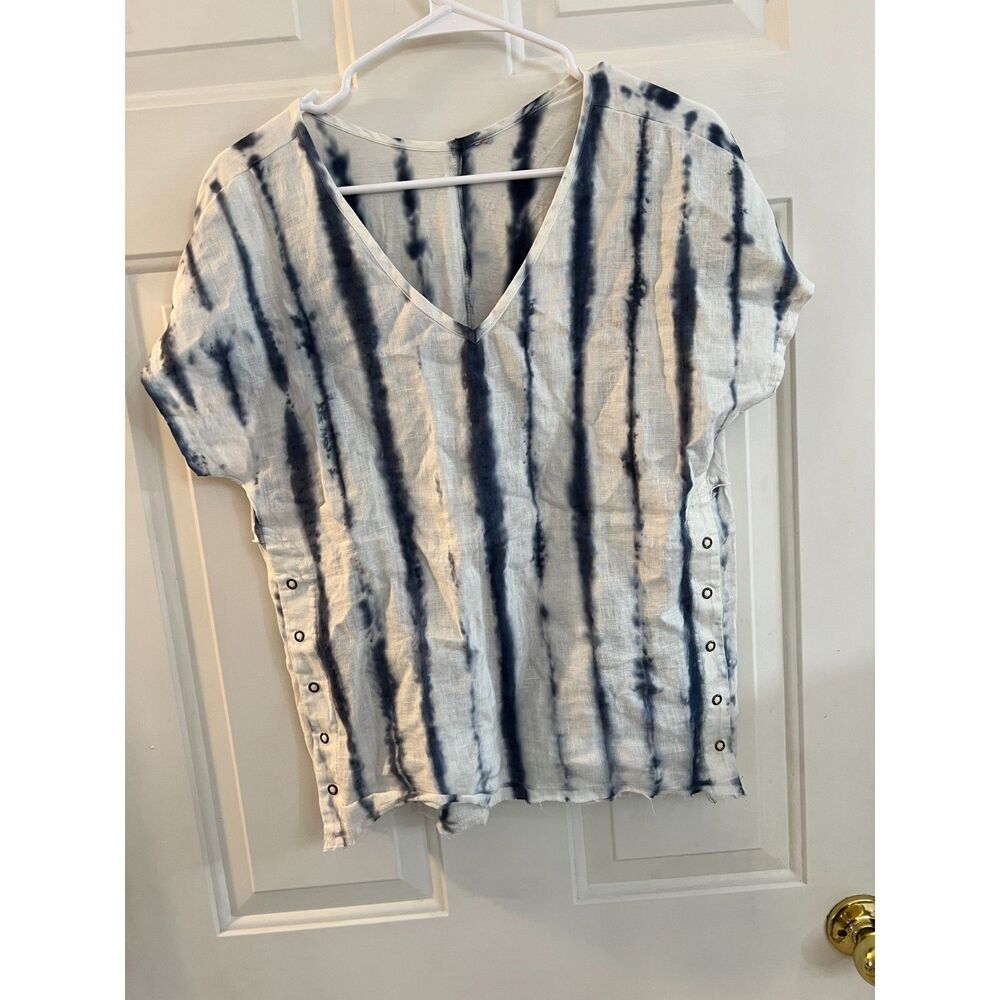 XCVI Blue White Striped Shirt Linen Cotton Coastal Grandmother Beachy Small